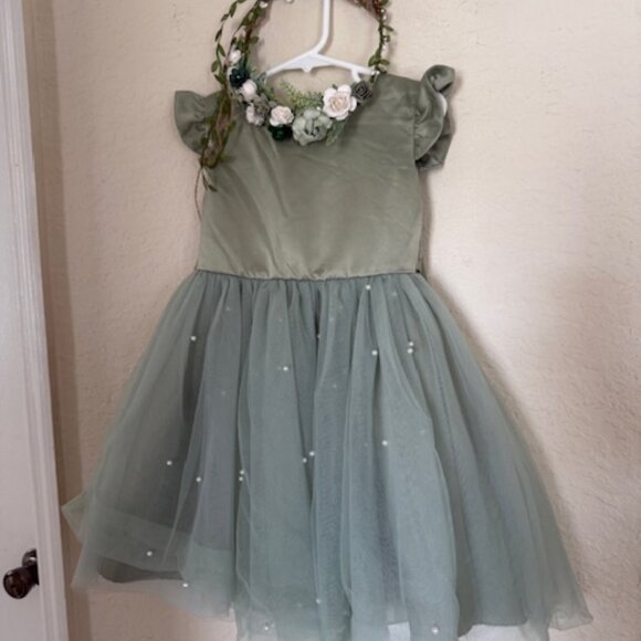 Sage green flower girl dress 4T with flower crown - Picture 10 of 10